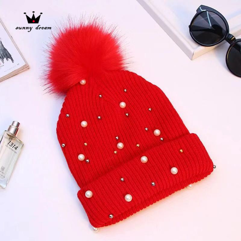 H00007 Parel imitatie vossenbont bal dames gebreide muts