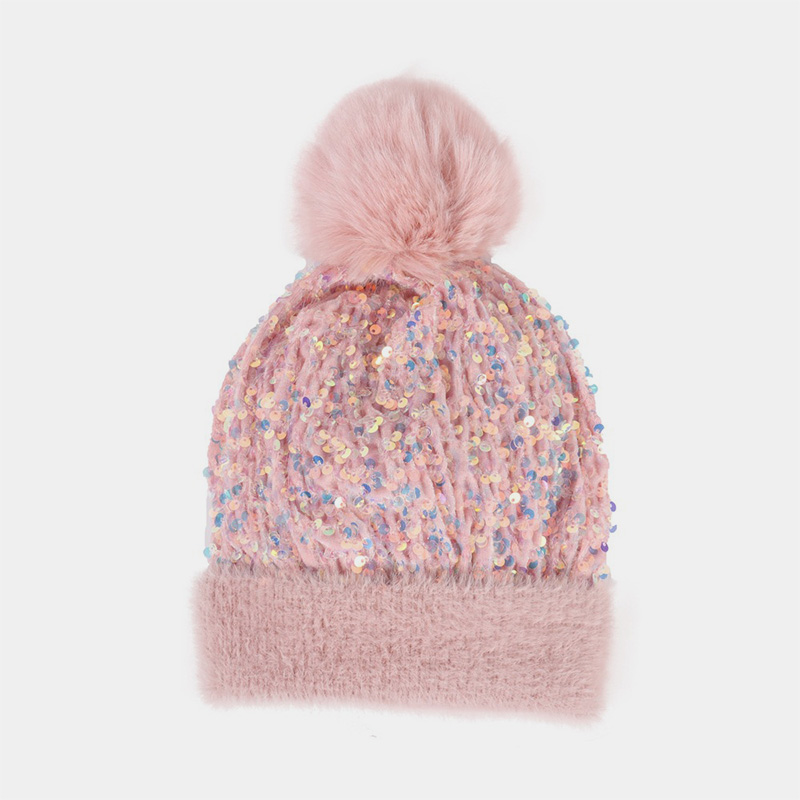 H00029 Gebreide muts met pailletten en afneembare pompon