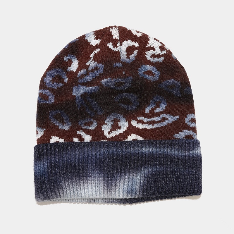 H00081 Tie-dyed gebreide muts met luipaardmotief