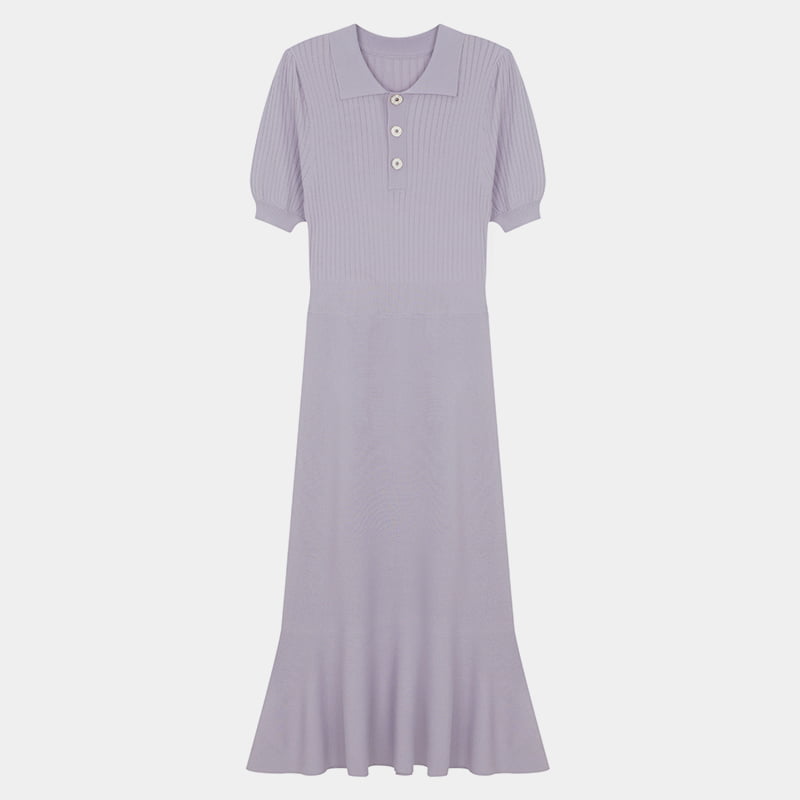 ML2242 Gebreide jurk met verlengde polohals, enkele knop en korte mouwen aan de zijkant ML2242 Gebreide jurk met verlengde polohals, enkele knop en korte mouwen aan de zijkant