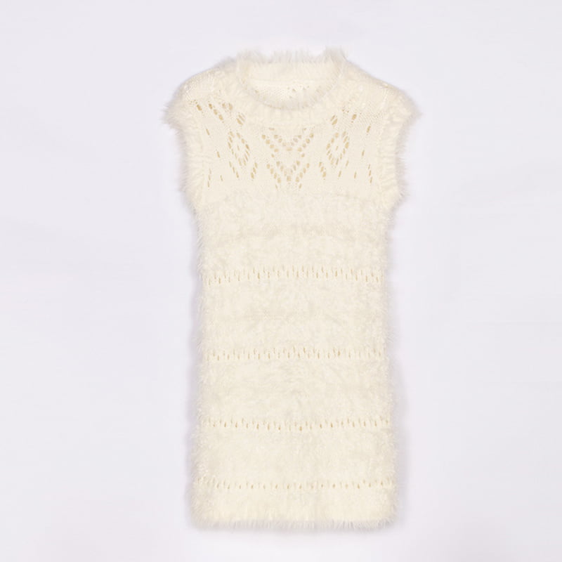 SM-K0043 Zomermohair mouwloze gebreide jurk Franse jurk met holle bodem