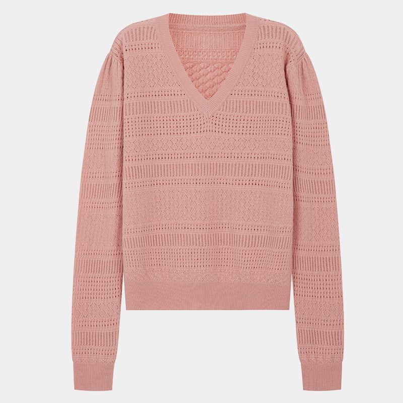 ML2202 Leren roze holle dunne gebreide trui met V-hals