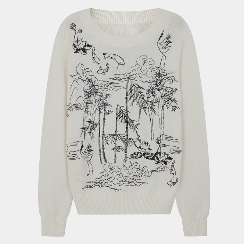 ML2209 Gebreide trui met kamgaren, zacht doodle-borduursel en ronde hals