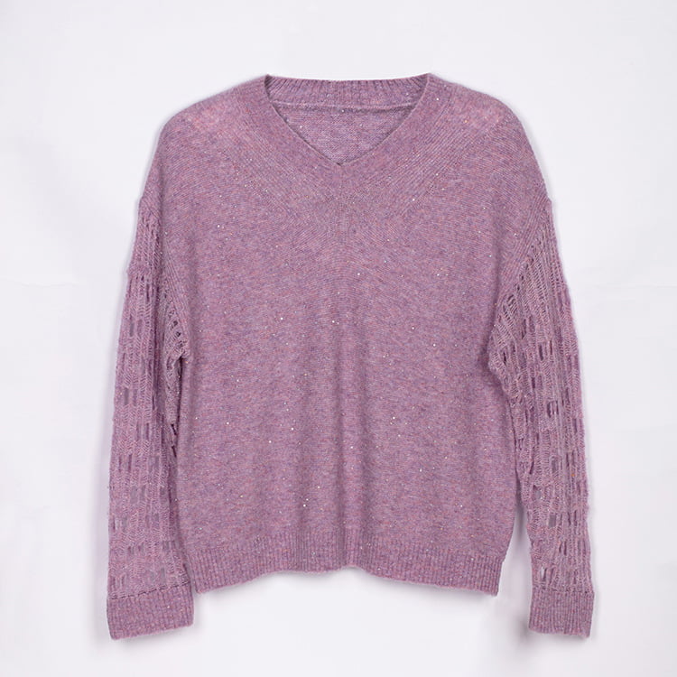 SM-K0040 V-hals cropped mohair gebreide trui met lovertjes en superfee-mouwen met uitsnijding