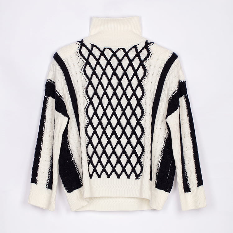 SM-K0045 Zwart Wit Twist Mohair Contrasterende dikke gebreide trui met hoge hals