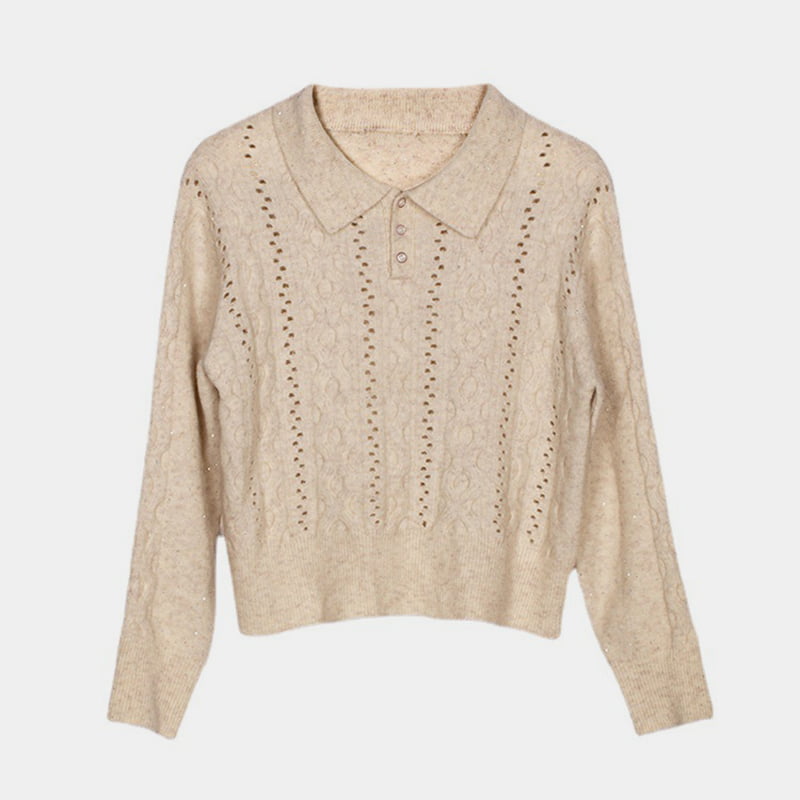 SM-K0012 Lente Herfst Polo-revers Effen kleur uitgeholde gebreide trui met onderkant