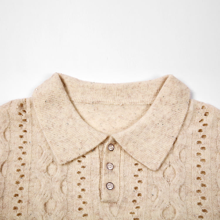 SM-K0012 Lente Herfst Polo-revers Effen kleur uitgeholde gebreide trui met onderkant SM-K0012 Lente Herfst Polo-revers Effen kleur uitgeholde gebreide trui met onderkant