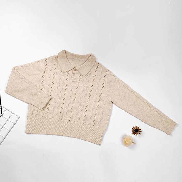 SM-K0012 Lente Herfst Polo-revers Effen kleur uitgeholde gebreide trui met onderkant SM-K0012 Lente Herfst Polo-revers Effen kleur uitgeholde gebreide trui met onderkant