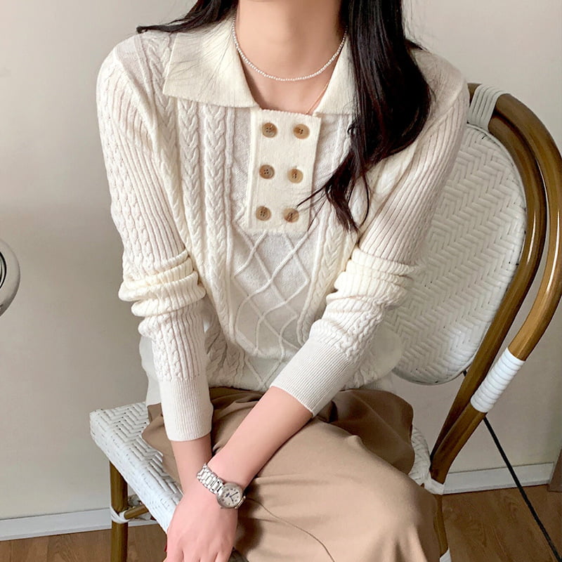 SM-K0026 Gebreide damestrui met dubbele rij knopen en kleine revers SM-K0026 Gebreide damestrui met dubbele rij knopen en kleine revers