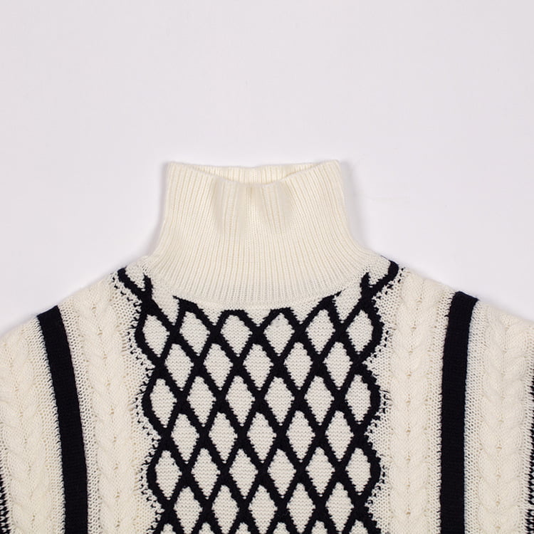 SM-K0045 Zwart Wit Twist Mohair Contrasterende dikke gebreide trui met hoge hals SM-K0045 Zwart Wit Twist Mohair Contrasterende dikke gebreide trui met hoge hals