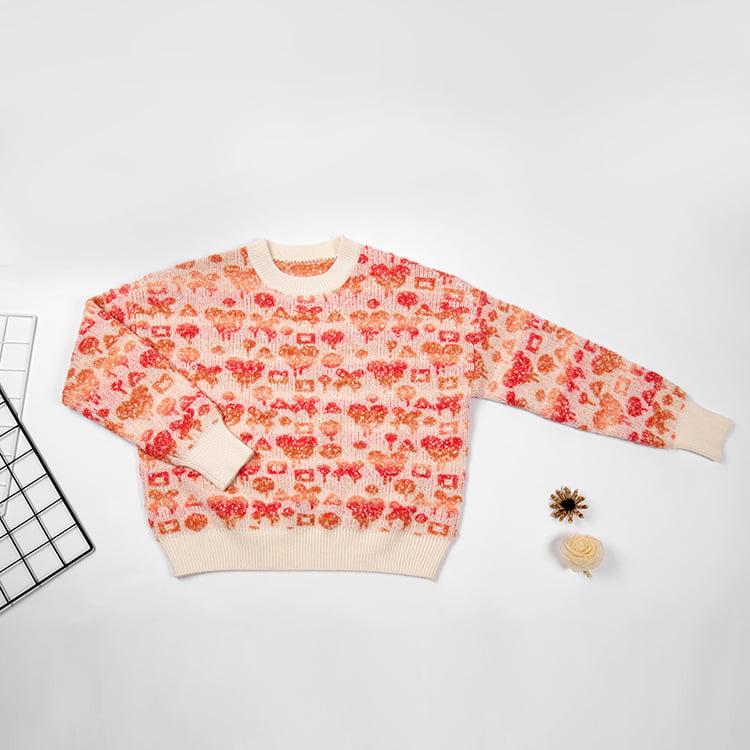 SM-K0038 Trui met ronde hals, zoete gebreide damestrui met driedimensionaal patroon SM-K0038 Trui met ronde hals, zoete gebreide damestrui met driedimensionaal patroon