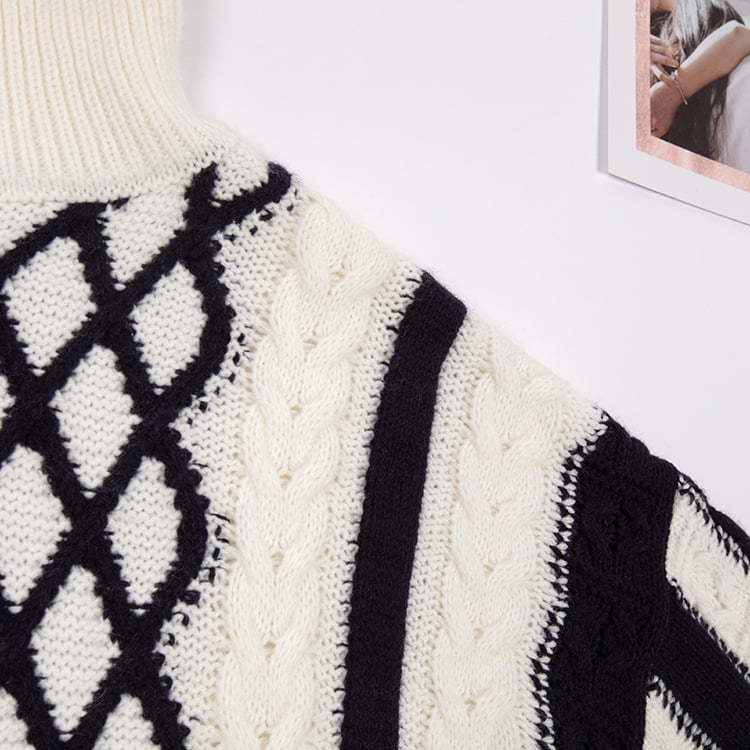 SM-K0045 Zwart Wit Twist Mohair Contrasterende dikke gebreide trui met hoge hals SM-K0045 Zwart Wit Twist Mohair Contrasterende dikke gebreide trui met hoge hals