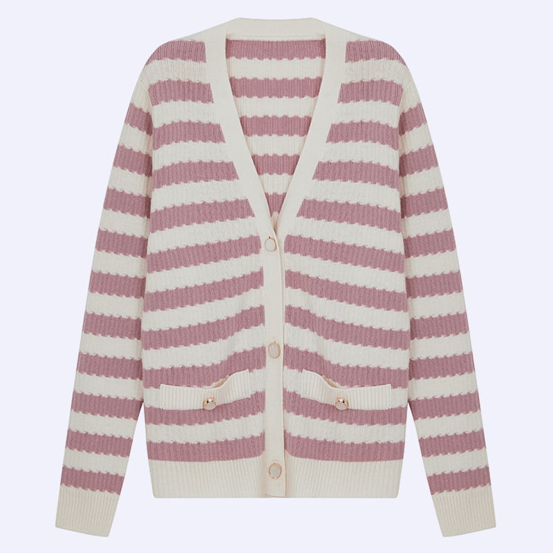 ML2204 Roze en wit gestreept gebreid vest met V-hals en trui