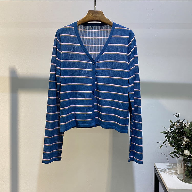 SM-K0001 Zomer damesbovenkleding Koreaans linnen gestreept zonneblokgebreid vest
