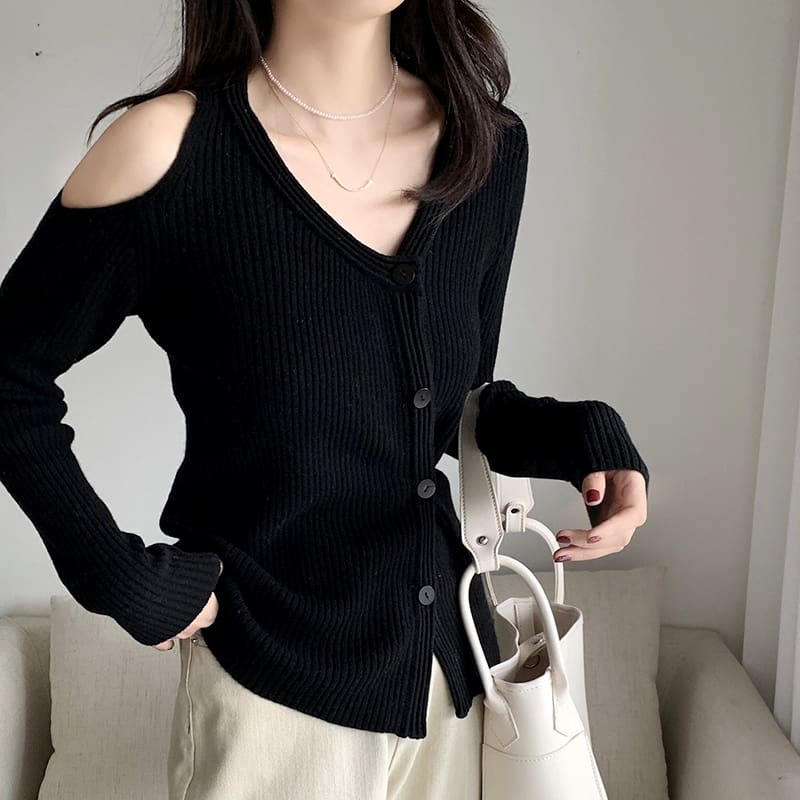 SM-K0022 V-hals off-shoulder slank en nisontwerp gebreid vest met lange mouwen