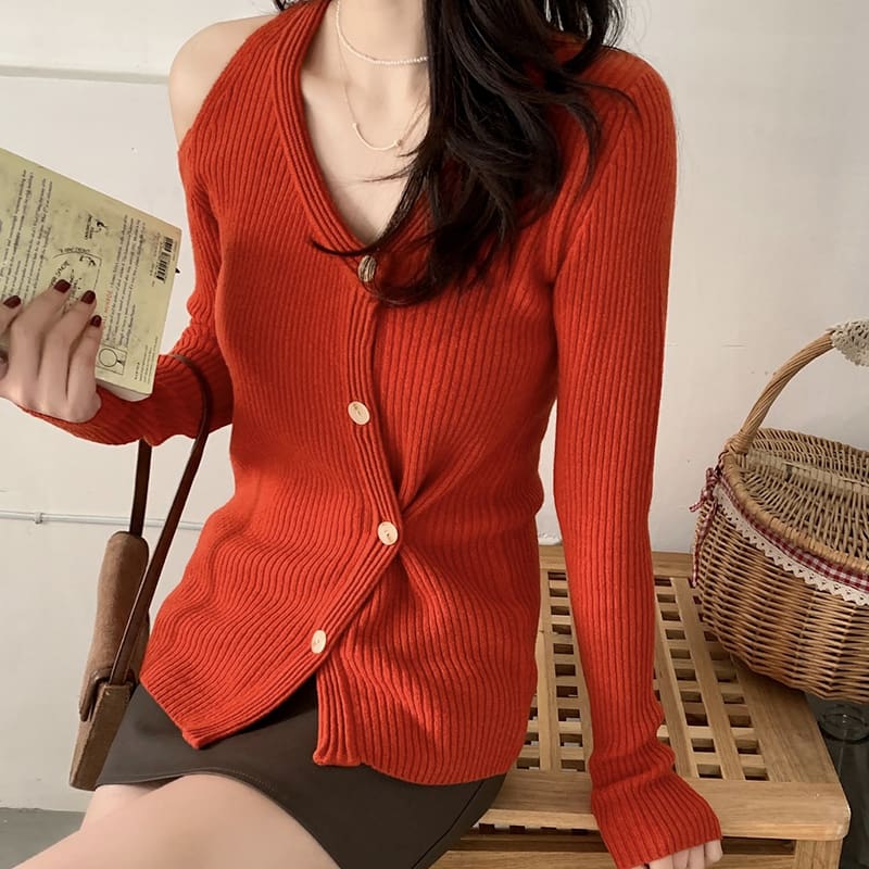 SM-K0022 V-hals off-shoulder slank en nisontwerp gebreid vest met lange mouwen SM-K0022 V-hals off-shoulder slank en nisontwerp gebreid vest met lange mouwen