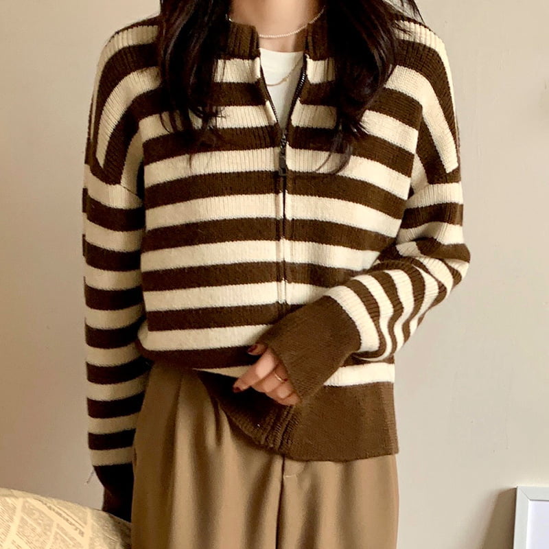 SM-K0029 Lente damestrui met ronde hals, gestreept gebreid vest met rits en trui SM-K0029 Lente damestrui met ronde hals, gestreept gebreid vest met rits en trui