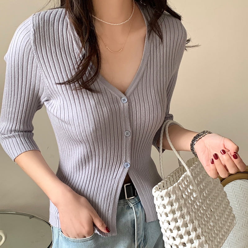 SM-K0023 Lente dames gebreid vest met enkele rij knopen, V-hals en middellange mouwen, slim fit SM-K0023 Lente dames gebreid vest met enkele rij knopen, V-hals en middellange mouwen, slim fit