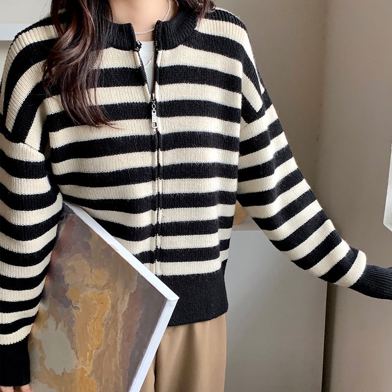 SM-K0029 Lente damestrui met ronde hals, gestreept gebreid vest met rits en trui SM-K0029 Lente damestrui met ronde hals, gestreept gebreid vest met rits en trui