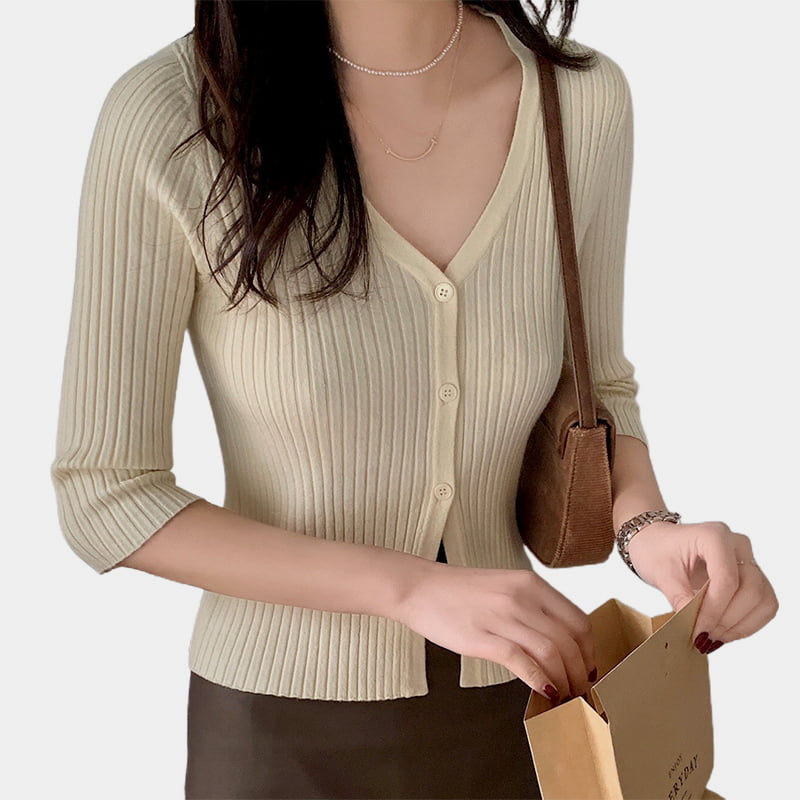 SM-K0023 Lente dames gebreid vest met enkele rij knopen, V-hals en middellange mouwen, slim fit SM-K0023 Lente dames gebreid vest met enkele rij knopen, V-hals en middellange mouwen, slim fit