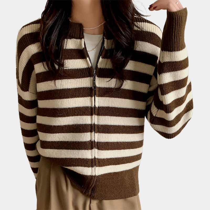 SM-K0029 Lente damestrui met ronde hals, gestreept gebreid vest met rits en trui SM-K0029 Lente damestrui met ronde hals, gestreept gebreid vest met rits en trui