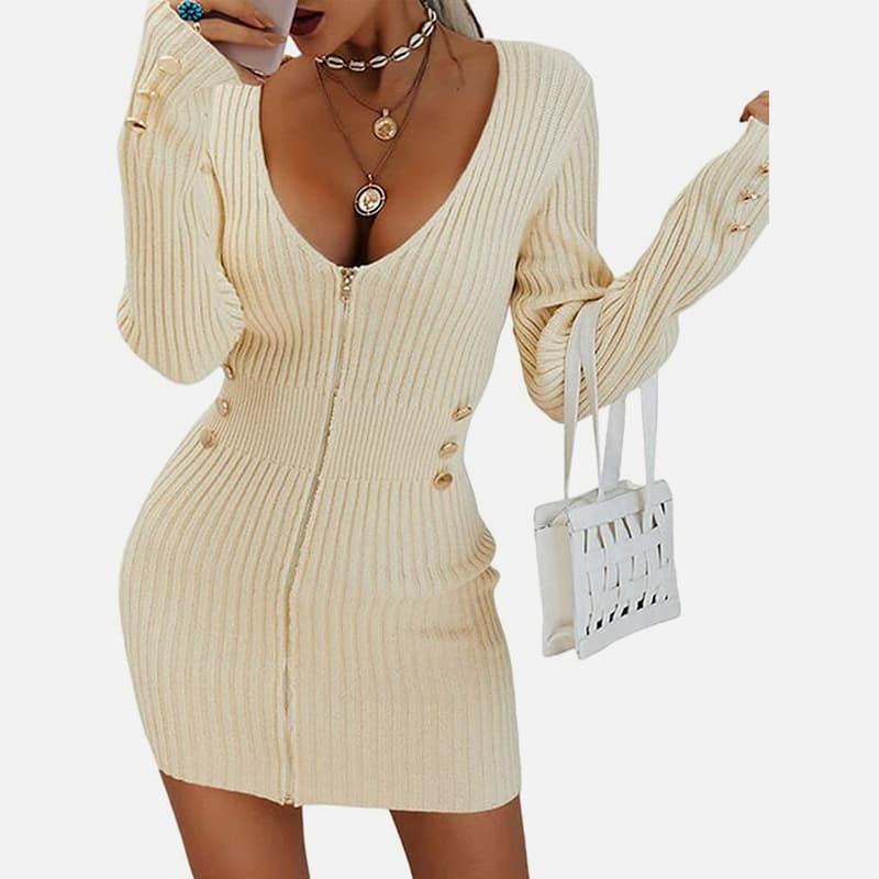 SM-K0078 Korte dunne gebreide jurk met V-hals, lange mouwen en ritssluiting SM-K0078 Korte dunne gebreide jurk met V-hals, lange mouwen en ritssluiting