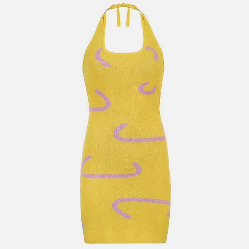 SM-K0087 Kleurgestreepte jacquard halter mouwloze korte gebreide jurk