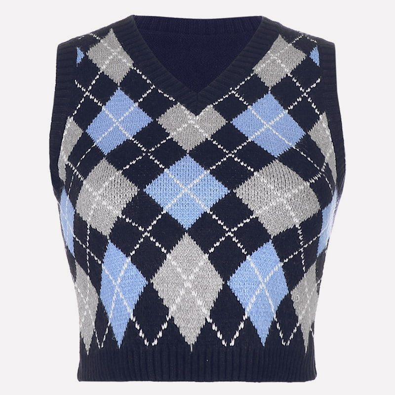 SM-K0058 Kort gebreid vest met V-hals en geometrisch ruitpatroon