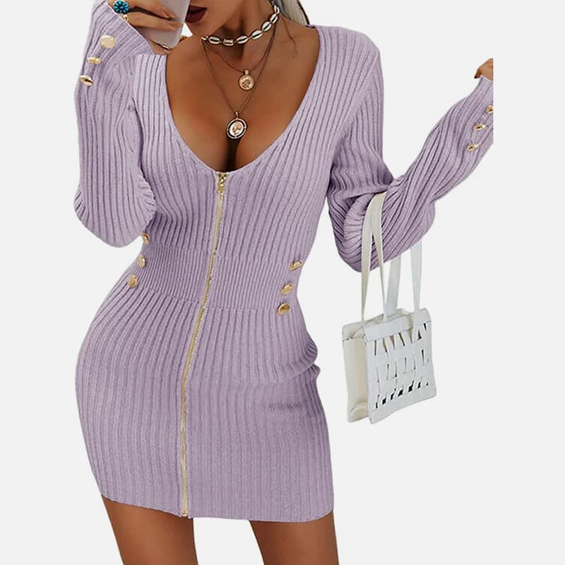 SM-K0078 Korte dunne gebreide jurk met V-hals, lange mouwen en ritssluiting SM-K0078 Korte dunne gebreide jurk met V-hals, lange mouwen en ritssluiting