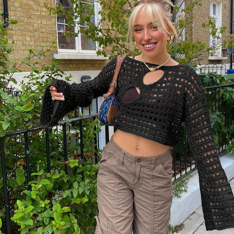 SM-K0084 Gebreide korte overkleding gebreide trui met uitgeholde hoornmouwen SM-K0084 Gebreide korte overkleding gebreide trui met uitgeholde hoornmouwen