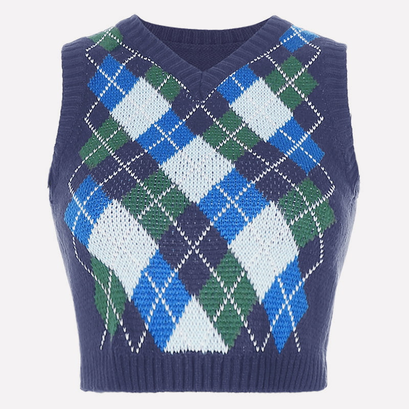 SM-K0058 Kort gebreid vest met V-hals en geometrisch ruitpatroon SM-K0058 Kort gebreid vest met V-hals en geometrisch ruitpatroon