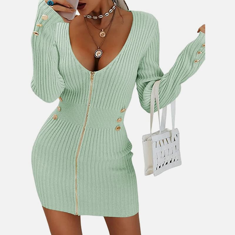 SM-K0078 Korte dunne gebreide jurk met V-hals, lange mouwen en ritssluiting SM-K0078 Korte dunne gebreide jurk met V-hals, lange mouwen en ritssluiting