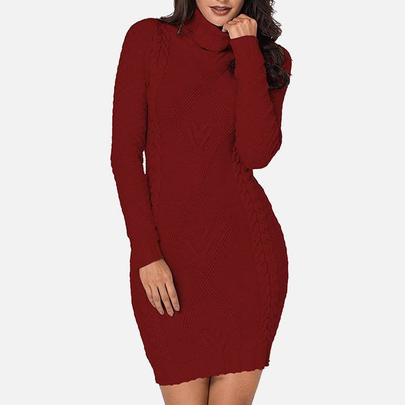 SM-K0063 Slim-fit gebreide jurk met hoge kraag en lange mouwen SM-K0063 Slim-fit gebreide jurk met hoge kraag en lange mouwen