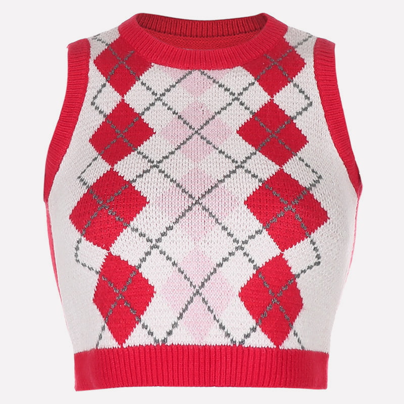 SM-K0058 Kort gebreid vest met V-hals en geometrisch ruitpatroon SM-K0058 Kort gebreid vest met V-hals en geometrisch ruitpatroon