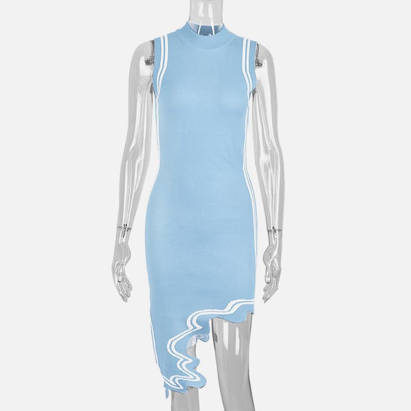SM-K0079 Mouwloze asymmetrische gebreide jurk met ronde hals en onregelmatige strepen SM-K0079 Mouwloze asymmetrische gebreide jurk met ronde hals en onregelmatige strepen