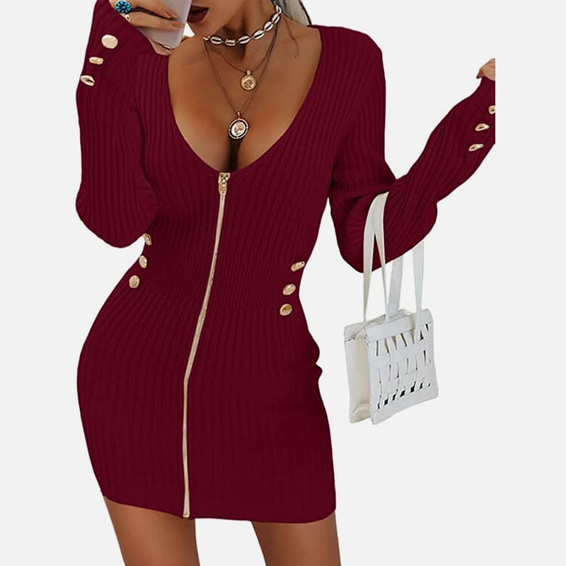SM-K0078 Korte dunne gebreide jurk met V-hals, lange mouwen en ritssluiting SM-K0078 Korte dunne gebreide jurk met V-hals, lange mouwen en ritssluiting