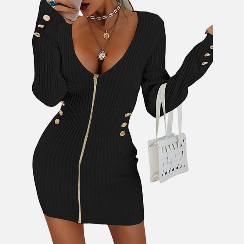 SM-K0078 Korte dunne gebreide jurk met V-hals, lange mouwen en ritssluiting SM-K0078 Korte dunne gebreide jurk met V-hals, lange mouwen en ritssluiting