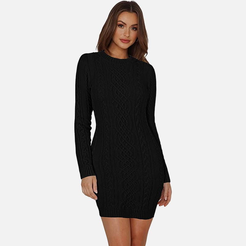 SM-K0063 Slim-fit gebreide jurk met hoge kraag en lange mouwen SM-K0063 Slim-fit gebreide jurk met hoge kraag en lange mouwen