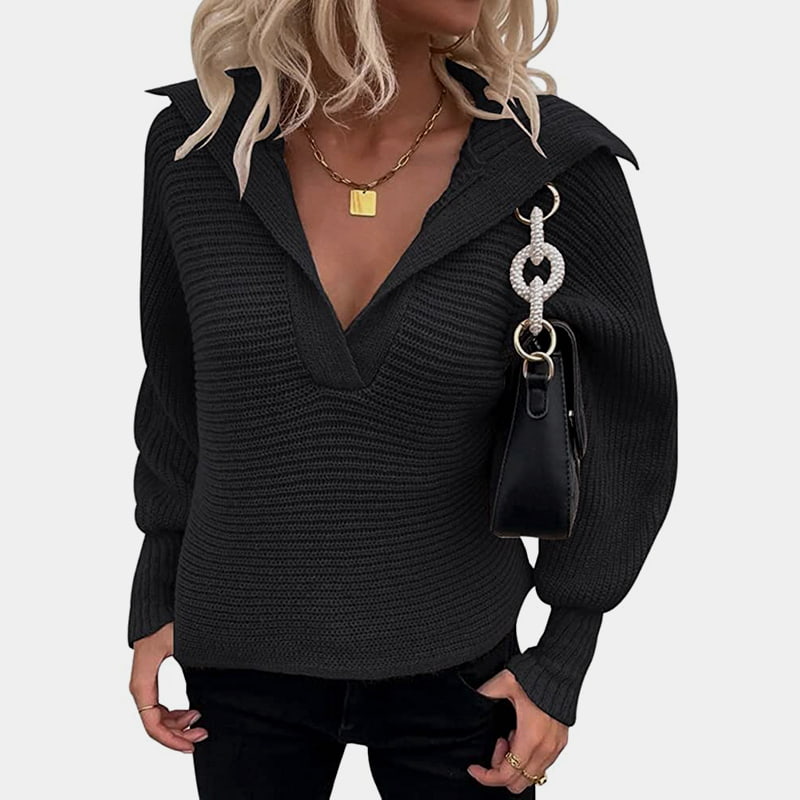 SM-K0075 Losvallende effen gebreide trui met lantaarn en lange mouwen met V-hals SM-K0075 Losvallende effen gebreide trui met lantaarn en lange mouwen met V-hals