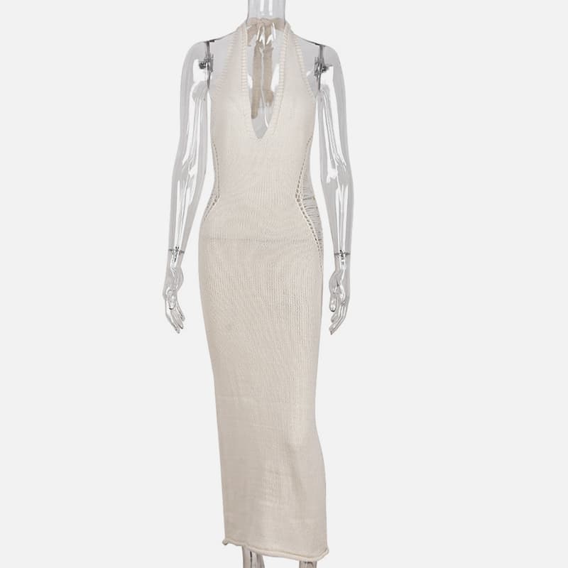 SM-K0073 V-hals mouwloze taille effen kleur halternek gebreide jurk SM-K0073 V-hals mouwloze taille effen kleur halternek gebreide jurk