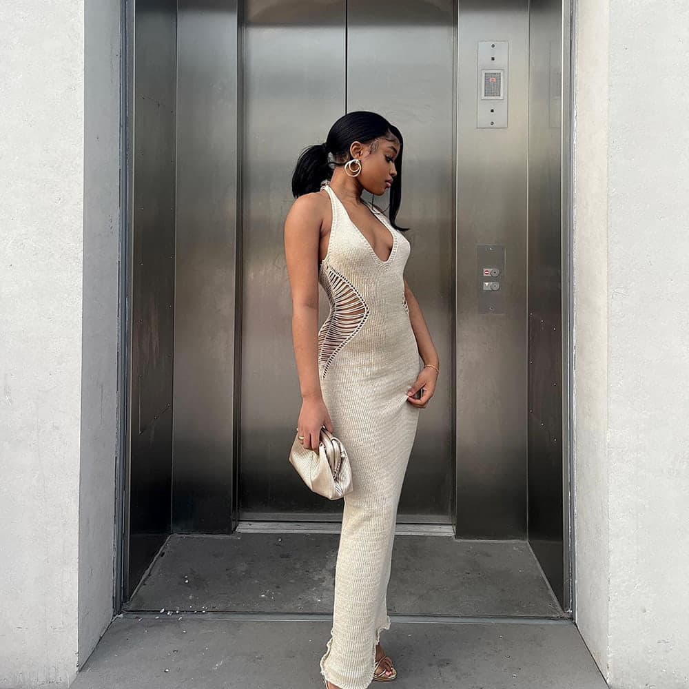 SM-K0073 V-hals mouwloze taille effen kleur halternek gebreide jurk SM-K0073 V-hals mouwloze taille effen kleur halternek gebreide jurk