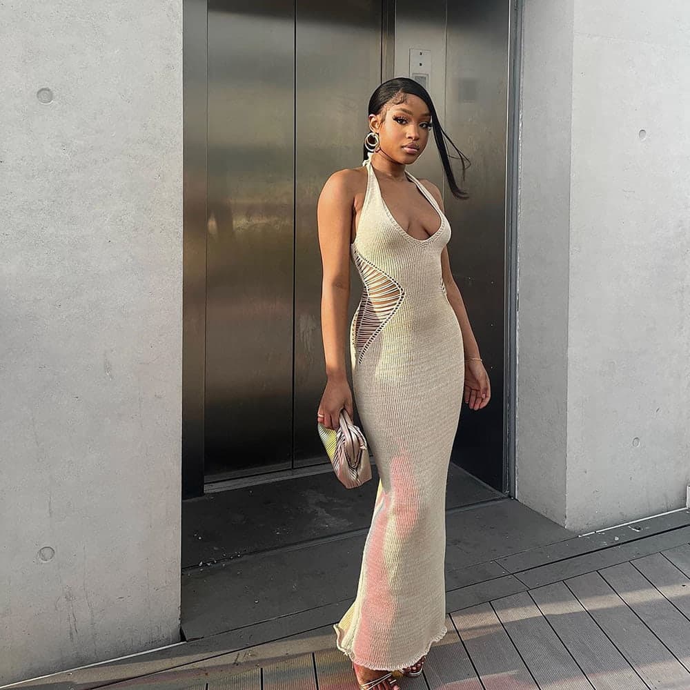 SM-K0073 V-hals mouwloze taille effen kleur halternek gebreide jurk SM-K0073 V-hals mouwloze taille effen kleur halternek gebreide jurk