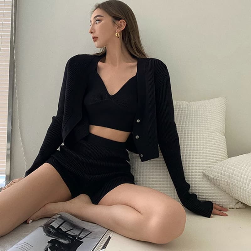 SM-K0112 Zacht wasachtig zacht sexy vest en jas + korte broek gebreid pak SM-K0112 Zacht wasachtig zacht sexy vest en jas + korte broek gebreid pak