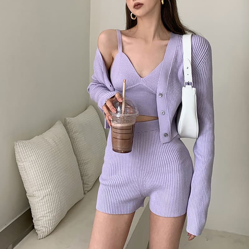 SM-K0112 Zacht wasachtig zacht sexy vest en jas + korte broek gebreid pak SM-K0112 Zacht wasachtig zacht sexy vest en jas + korte broek gebreid pak