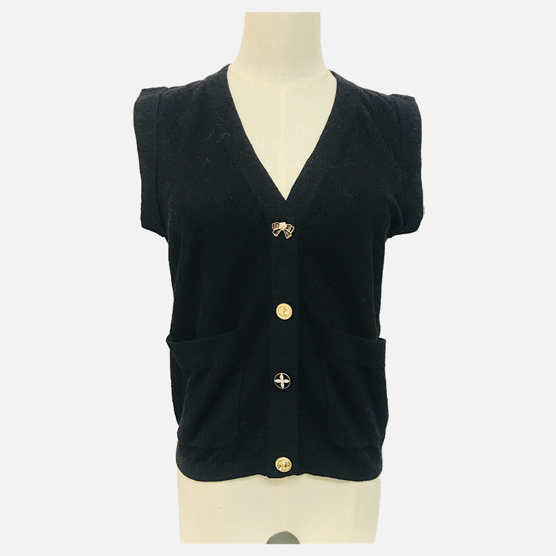 D23-502A Zwart gebreid vest met korte mouwen en V-hals
